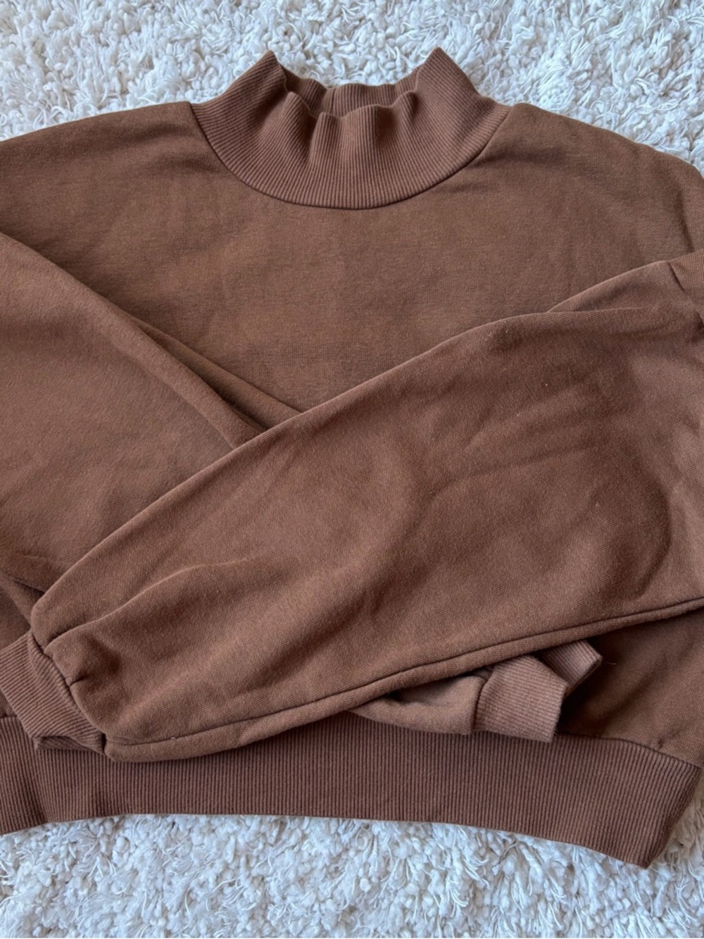Brown Fleece Lined Mock Neck Sweatshirt Cozy Pullover Oversized Fit